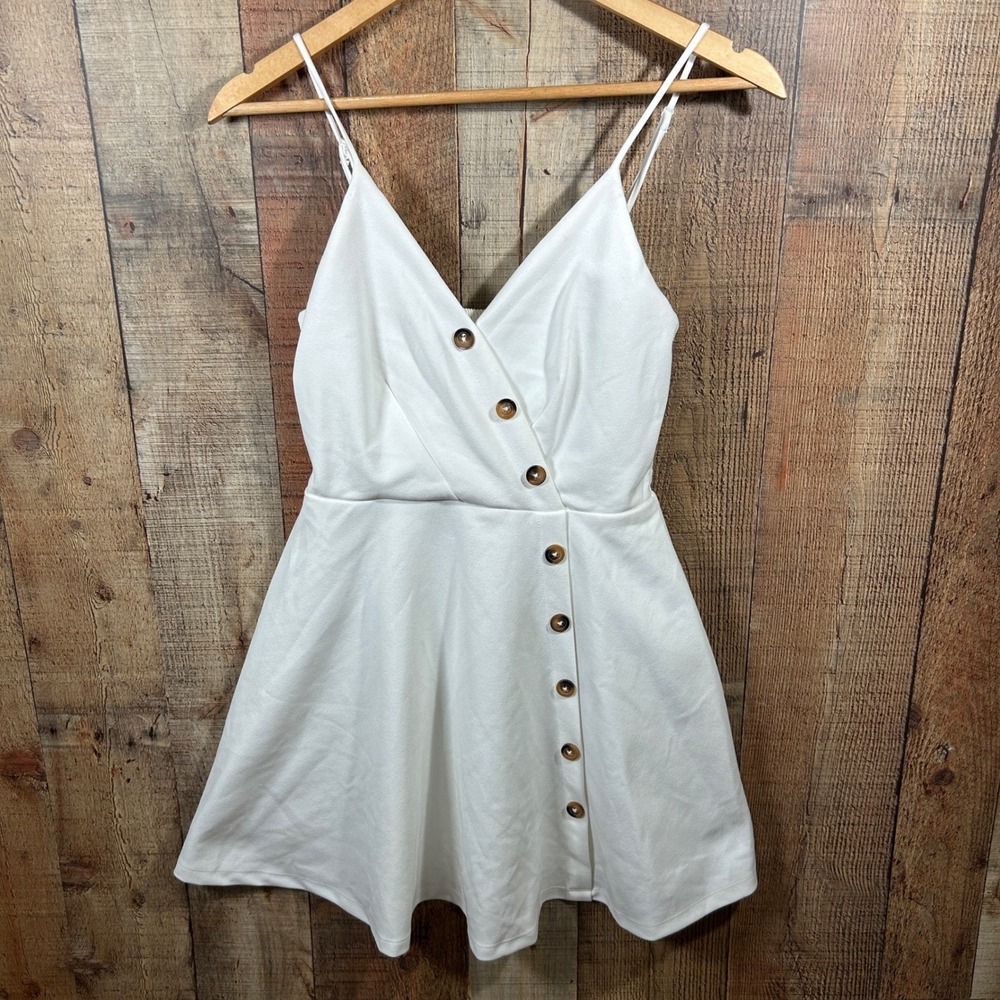 Purple Snow Cream White Mini Dress Medium Asymmetric Button Faux Wrap Skater